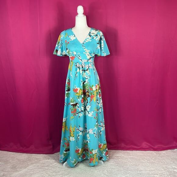 Vintage 70s Union flutter sleeve novelty print Japanese Geisha maxi dress, 10 - Picture 1 of 7
